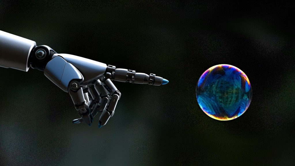 Robot hand reaching out to pop a bubble